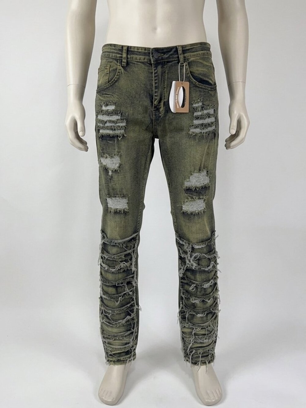 DLD Straight-Leg Jeans Yellow-Tinted Distressed Extensive Ripped Size 36x32